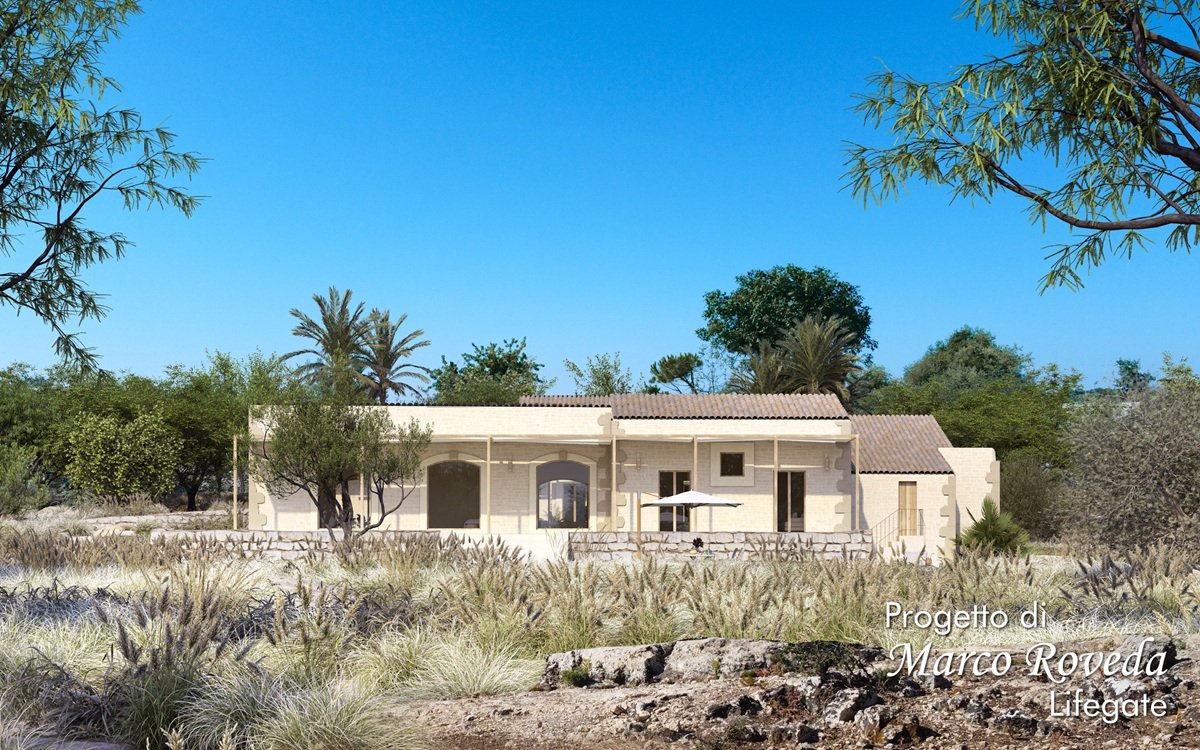 Rappresentazione progettuale del fronte principale della masseria ristrutturata (concept illustrativo)